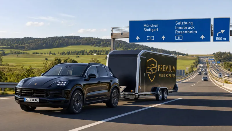 Premium Auto Express-henger med én bil på europeisk motorvei — biltransport fra Europa til Norge