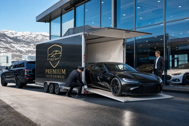 Enkeltbil losses fra Premium Auto Express-henger foran bilforhandlers utstillingslokale