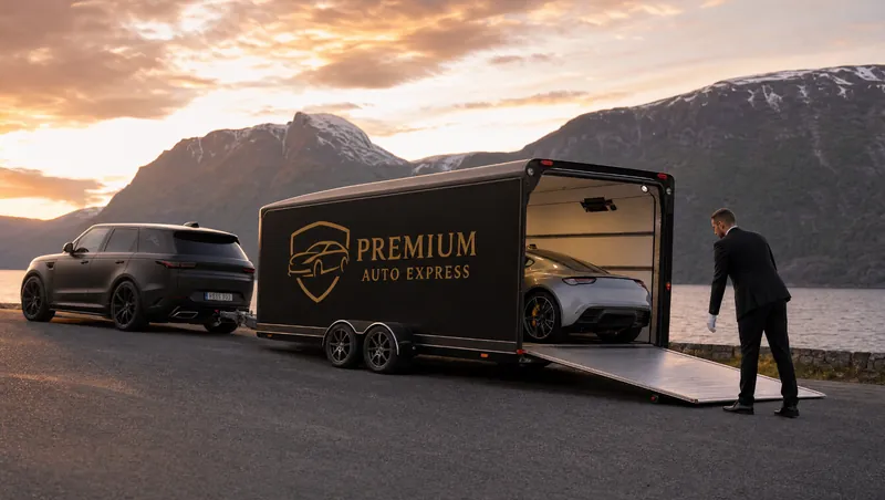 Premium Auto Express-henger med én bil ved norsk fjord